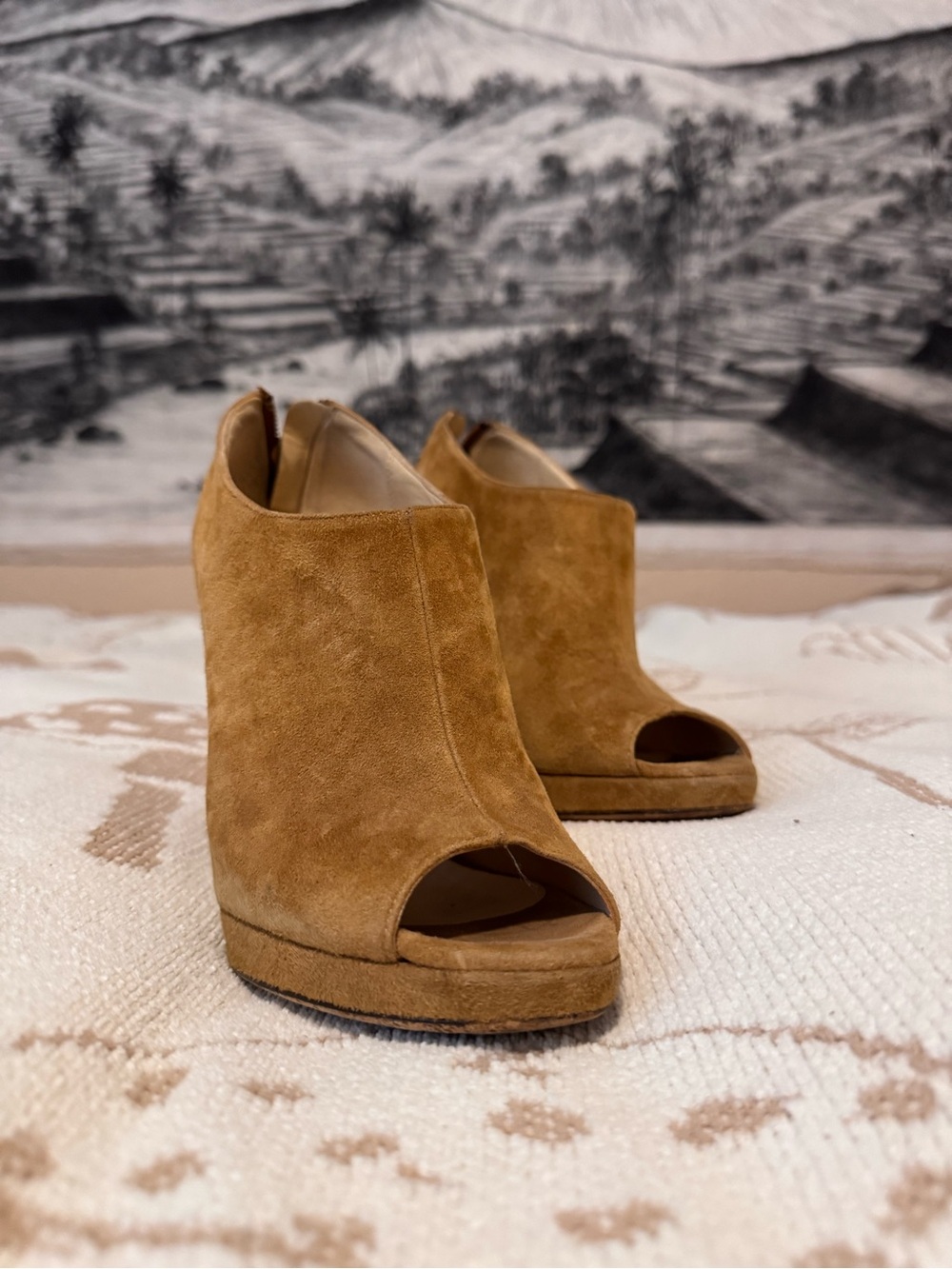 Jimmy Choo Tan Suede Peep-Toe Wedge Booties